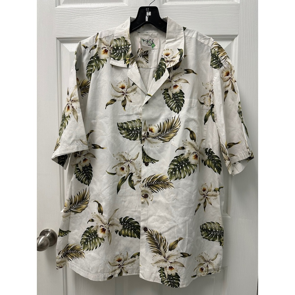 KY'S Hawaiian Shirt Mens 2XL White Floral Palm Tropical Cotton Made in USA